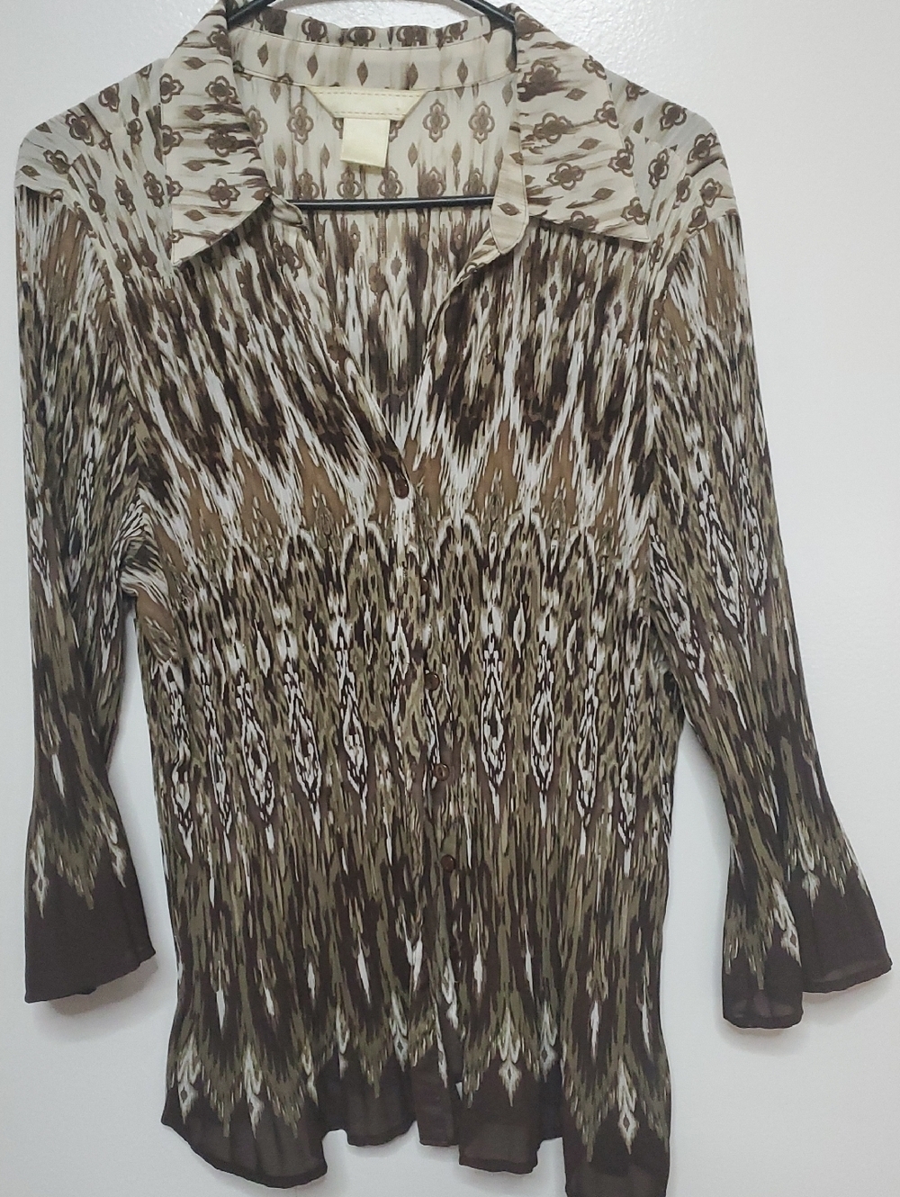 Womens Brown Printed Button-Front Blouse